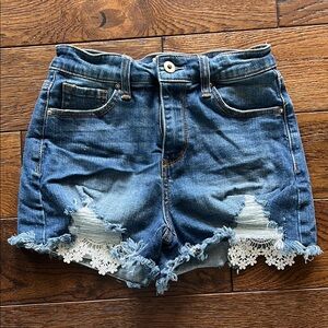 Denim Distressed Women's Shorts with Lace Trim